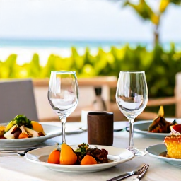 Caribbean Holidays, January Wine Tasting, Wine glasses and Caribbean dishes arranged on a shaded restaurant table in Saint Kitts