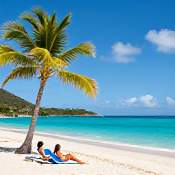 Caribbean Holidays, July Adults Only, Adults relaxing beside a quiet turquoise Caribbean beach in the United States Virgin Islands during July, with palm trees and bright sunshine