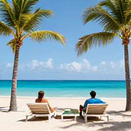 Caribbean Holidays, July Adults Only, Adults relaxing beside a turquoise Caribbean sea at a stylish beachfront resort in July, bright sunshine and palm trees