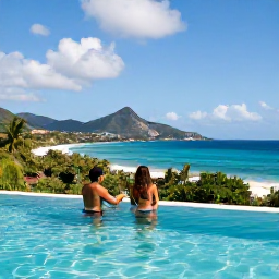 Caribbean Holidays, July Adults Only, Adults relaxing beside an infinity pool overlooking a tropical Caribbean sea in Saint Vincent and the Grenadines