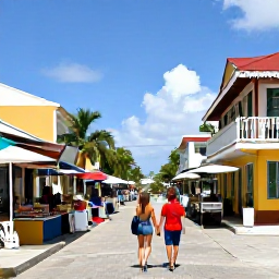 Caribbean Holidays, July Adults Only, Couple exploring a colourful Caribbean town in July, local market stalls, historic buildings and tropical sunshine