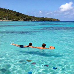 Caribbean Holidays, July Adults Only, Couple snorkelling in clear Caribbean water near a sandy beach in the United States Virgin Islands, colourful fish visible below