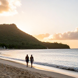 Caribbean Holidays, July Adults Only, Couple walking along a quiet sandy beach in Saint Kitts in July, with gentle waves, green hills and a golden evening sky