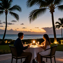 Caribbean Holidays, July Adults Only, Elegant adults-only Caribbean resort at sunset with a couple dining outdoors, soft lights, palm trees and ocean views