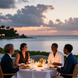Caribbean Holidays, July Adults Only, Elegant adults-only dinner beside the sea in Saint Kitts, with local Caribbean dishes, soft lighting and a warm sunset