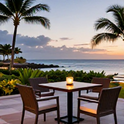 Caribbean Holidays, July Adults Only, Elegant adults-only resort terrace at sunset with a candlelit table, tropical plants and Caribbean sea views