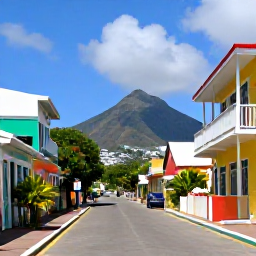 Caribbean Holidays, July Adults Only, Historic Basseterre street in Saint Kitts with colourful buildings, tropical plants and Mount Liamuiga visible in the distance