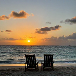 Caribbean Holidays, July Adults Only, Romantic Caribbean sunset over a quiet beach with two chairs, gentle waves and warm evening light