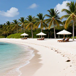 Caribbean Holidays, July Adults Only, White sandy beach with calm clear water, sun loungers and a peaceful adults-only Caribbean resort surrounded by tropical greenery