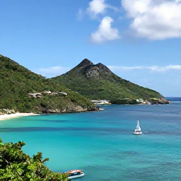 Caribbean Holidays, July Adventure Holidays, A bright July morning over Saint Barth&eacute;lemy, showing turquoise bays, green hills and a small sailing boat near the coast