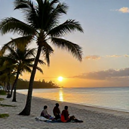 Caribbean Holidays, July Adventure Holidays, A comfortable Caribbean beachfront hotel at sunset with travellers relaxing after an active day, palm trees and calm sea