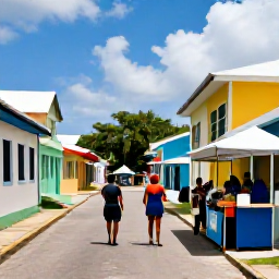 Caribbean Holidays, July Adventure Holidays, A friendly Caribbean village street in July with colourful buildings, local food stalls, musicians and visitors exploring the scene