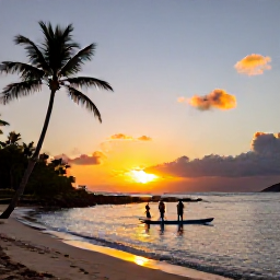 Caribbean Holidays, July Adventure Holidays, A relaxed Caribbean beach scene at sunset with palm trees, paddleboards and travellers enjoying the shoreline in the United States Virgin Islands