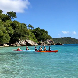 Caribbean Holidays, July Adventure Holidays, A sea kayak group paddling through calm turquoise water past rocky coves and lush green coastline in the US Virgin Islands