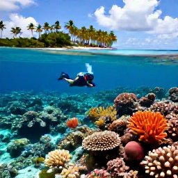 Caribbean Holidays, July Adventure Holidays, A snorkeller above a colourful Caribbean coral reef with tropical fish, clear blue water and a nearby palm-fringed island