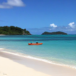 Caribbean Holidays, July Adventure Holidays, A turquoise Caribbean coastline in July with a small sea kayak near a sandy beach, bright skies and lush green islands in the background