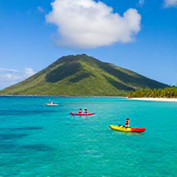 Caribbean Holidays, July Adventure Holidays, A turquoise Caribbean sea, colourful kayaks and paddleboards near a green tropical island in the United States Virgin Islands