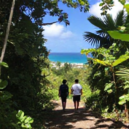 Caribbean Holidays, July Adventure Holidays, Hikers walking along a shaded tropical trail with sea views in Virgin Islands National Park on St John