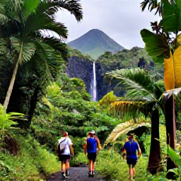 Caribbean Holidays, July Adventure Holidays, Hikers walking through verdant rainforest towards a waterfall on Saint Vincent, with volcanic hills in the background