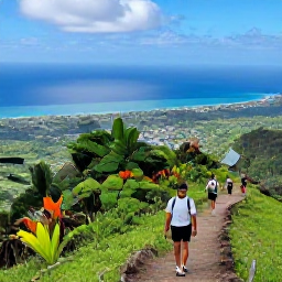 Caribbean Holidays, July Adventure Holidays, Travellers hiking along a verdant Caribbean mountain trail with dramatic views of the sea, tropical plants and distant villages
