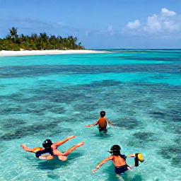Caribbean Holidays, July Adventure Holidays, Travellers snorkelling over a shallow coral reef near the Tobago Cays, with turquoise water and a sandy island visible nearby
