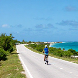 Caribbean Holidays, July Adventures, A family cycling along a quiet coastal road beside bright blue Caribbean water and scrubland on Providenciales