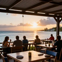 Caribbean Holidays, July Adventures, A relaxed outdoor Caribbean restaurant in Saint Martin at sunset, with local food, gentle sea views and holidaymakers dining outside