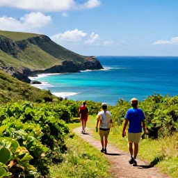 Caribbean Holidays, July Adventures, Hikers following a green coastal trail on Saint Martin with panoramic views across blue Caribbean bays and rocky cliffs