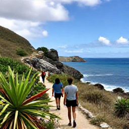 Caribbean Holidays, July Adventures, Hikers walking along a coastal trail on Tortola, with tropical plants, rocky slopes and a wide Caribbean view