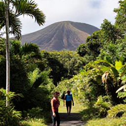 Caribbean Holidays, July Adventures, Hikers walking through lush tropical rainforest on Mount Liamuiga in Saint Kitts, with volcanic slopes and bright Caribbean light