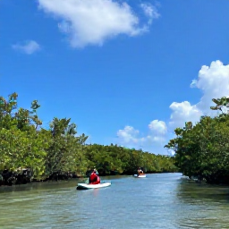 Caribbean Holidays, July Adventures, Kayakers and paddleboarders travelling through calm mangrove channels in the Turks and Caicos under a blue sky