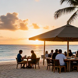 Caribbean Holidays, July Adventures, Relaxed outdoor restaurant on a Caribbean beach at sunset, with fresh seafood and travellers enjoying a warm July evening