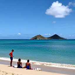 Caribbean Holidays, July Adventures, Relaxed travellers enjoying a sunny beach and gentle Caribbean sea on Saint Kitts, with Nevis across the water