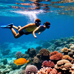 Caribbean Holidays, July Adventures, Travellers snorkelling above a colourful coral reef in clear Caribbean water near Saint Martin, with fins, masks and tropical fish
