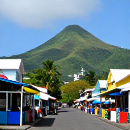 Caribbean Holidays, July All Inclusive, Colourful Kingstown street scene in Saint Vincent, with local market stalls, tropical vegetation and green volcanic hills