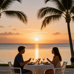 Caribbean Holidays, July All Inclusive, Couple enjoying a relaxed sunset dinner at an all-inclusive Caribbean resort, with palm trees and calm sea
