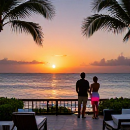 Caribbean Holidays, July All-Inclusive, Couple watching a colourful Caribbean sunset from an all-inclusive resort terrace in July, calm sea and palm silhouettes