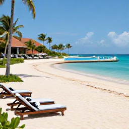 Caribbean Holidays, July All-Inclusive, Elegant all-inclusive Caribbean resort beside a bright sandy beach, swimming pool, loungers and palm trees under a sunny July sky