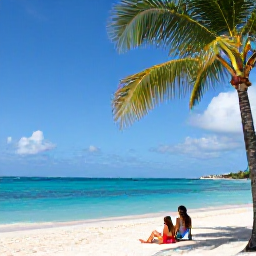 Caribbean Holidays, July All-Inclusive, Relaxed Caribbean beach scene in July, turquoise sea, white sand, palm trees and a couple enjoying an all-inclusive holiday