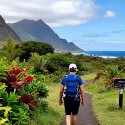 Caribbean Holidays, July Backpacking, Backpacker walking along a lush coastal trail on Saint Vincent, with volcanic mountains, tropical foliage and the Caribbean Sea in the distance