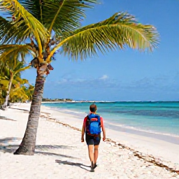 Caribbean Holidays, July Backpacking, Backpacker walking along a palm-fringed Caribbean beach in July, bright blue sea and relaxed island atmosphere