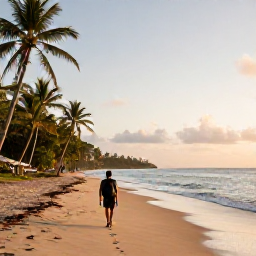 Caribbean Holidays, July Backpacking, Backpacker walking along a quiet Caribbean beach in Trinidad and Tobago during July, with warm sea, palms and low morning light