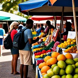 Caribbean Holidays, July Backpacking, Colourful Caribbean street market with fresh fruit, spices and handmade crafts, travellers browsing in warm July sunshine