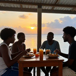 Caribbean Holidays, July Backpacking, Friendly backpackers eating local Caribbean food at a simple outdoor caf&eacute; in Saint Vincent and the Grenadines at sunset