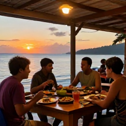 Caribbean Holidays, July Backpacking, Friendly backpackers sharing local Caribbean food at a simple open-air restaurant in Trinidad and Tobago at sunset