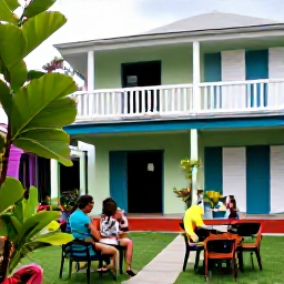 Caribbean Holidays, July Backpacking, Friendly backpackers staying in a colourful Caribbean guesthouse courtyard with tropical plants and outdoor seating