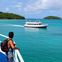 Caribbean Holidays, July Backpacking, Small wooden ferry passing turquoise water between green Caribbean islands, with a backpacker watching from the deck