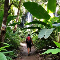 Caribbean Holidays, July Backpacking, Tropical rainforest trail near Tobago with a backpacker, giant leaves, filtered sunlight and a small waterfall