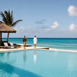 Caribbean Holidays, July Barbados, Elegant adults-only Barbados resort with a couple beside an infinity pool overlooking the Caribbean Sea