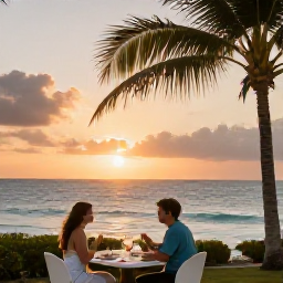 Caribbean Holidays, July Barbados, Romantic Barbados sunset with couple dining outdoors beside the sea, warm evening light and palm trees